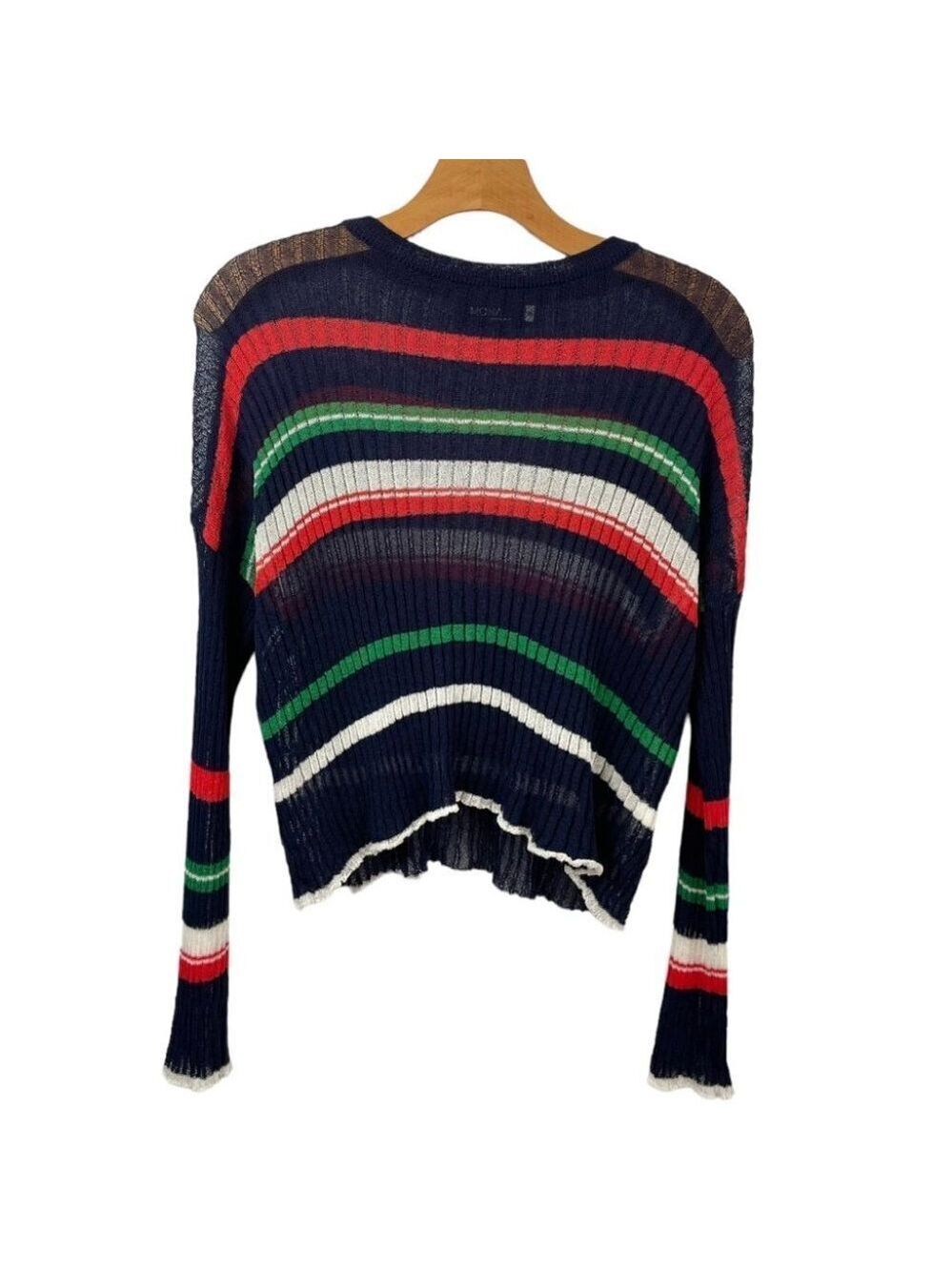 MONA Navy Ribbed Semi Sheer Multi Striped Navy Sweater Size S